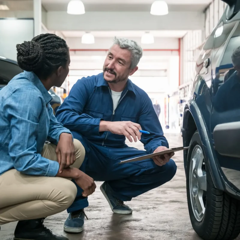 A mechanic in blue coveralls holding a clipboard crouches beside an SUV's front tire, talking with a woman customer crouched next to him in a repair shop bay.